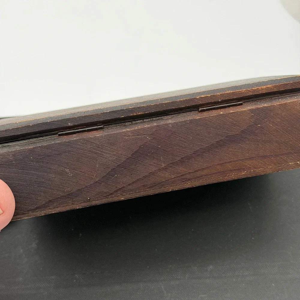 Vintage Dark Wood Trinket Box Orange Felt Lining Latch Closure